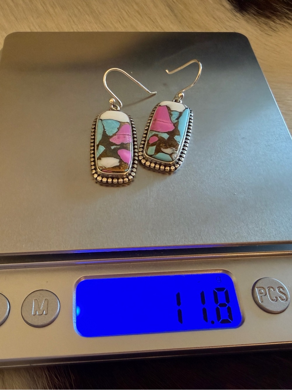 ❤️ Cotton Candy Turquoise Navajo Style Sterling Statement Dangle Earrings 1.77”L - Picture 9 of 12